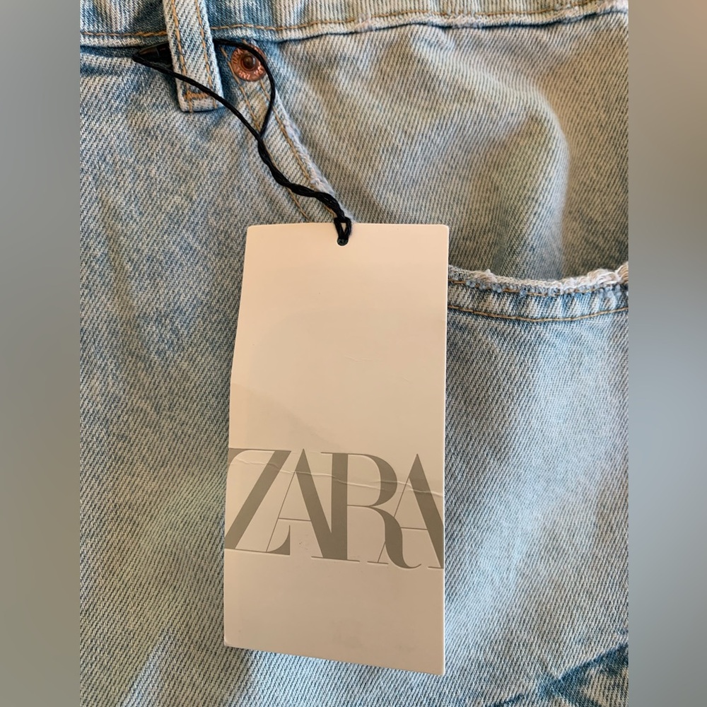Zara Cropped Distressed Denim Top Spaghetti Strap Blue Women’s Large NWT - Picture 2 of 6